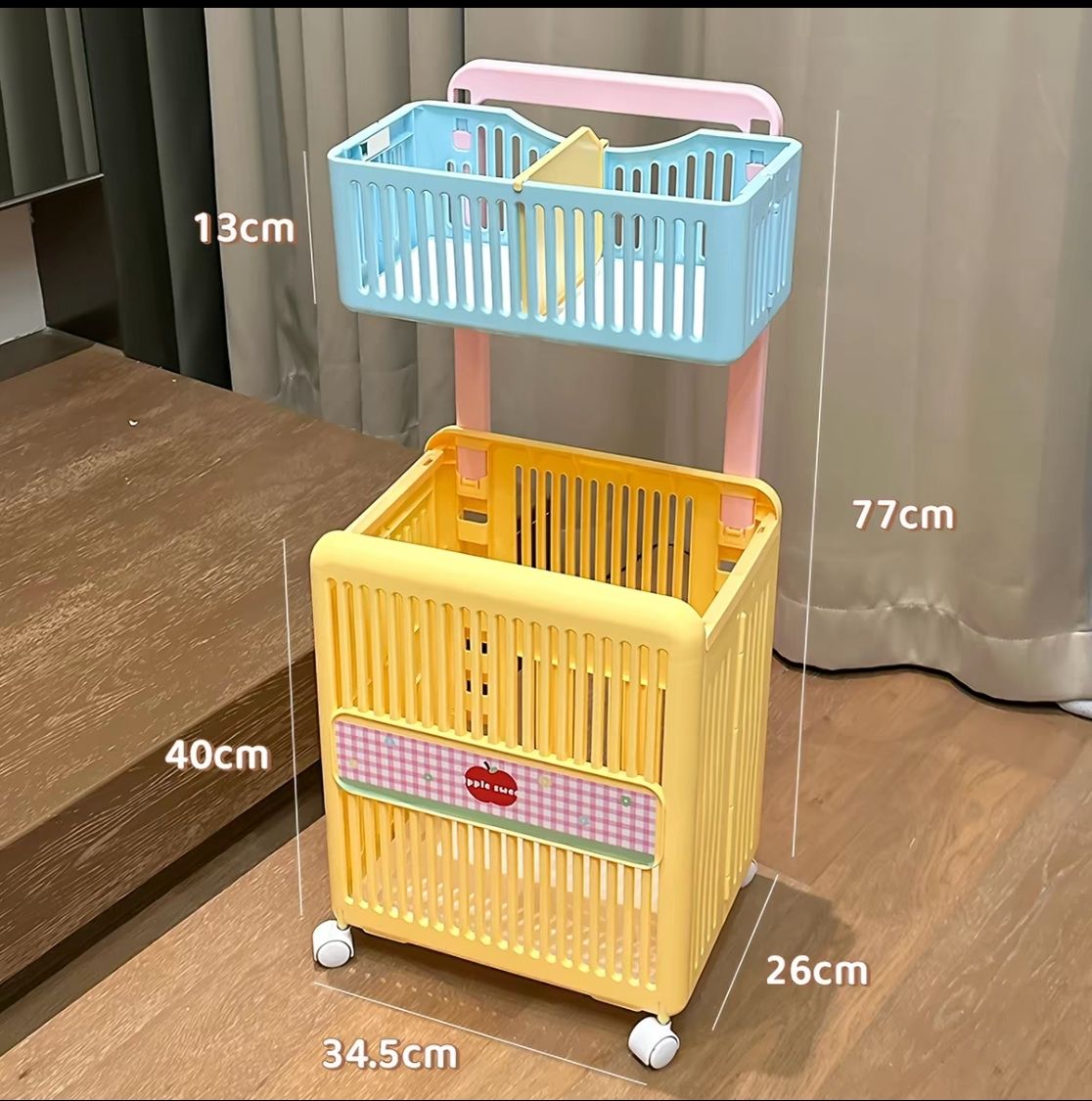 双层分区折叠小推车脏衣篓/ Double-Layer Folding Laundry Cart with Compartments, color: 小蓝大黄+粉杆/ Little Blue &amp; Big Yellow with Pink Handle