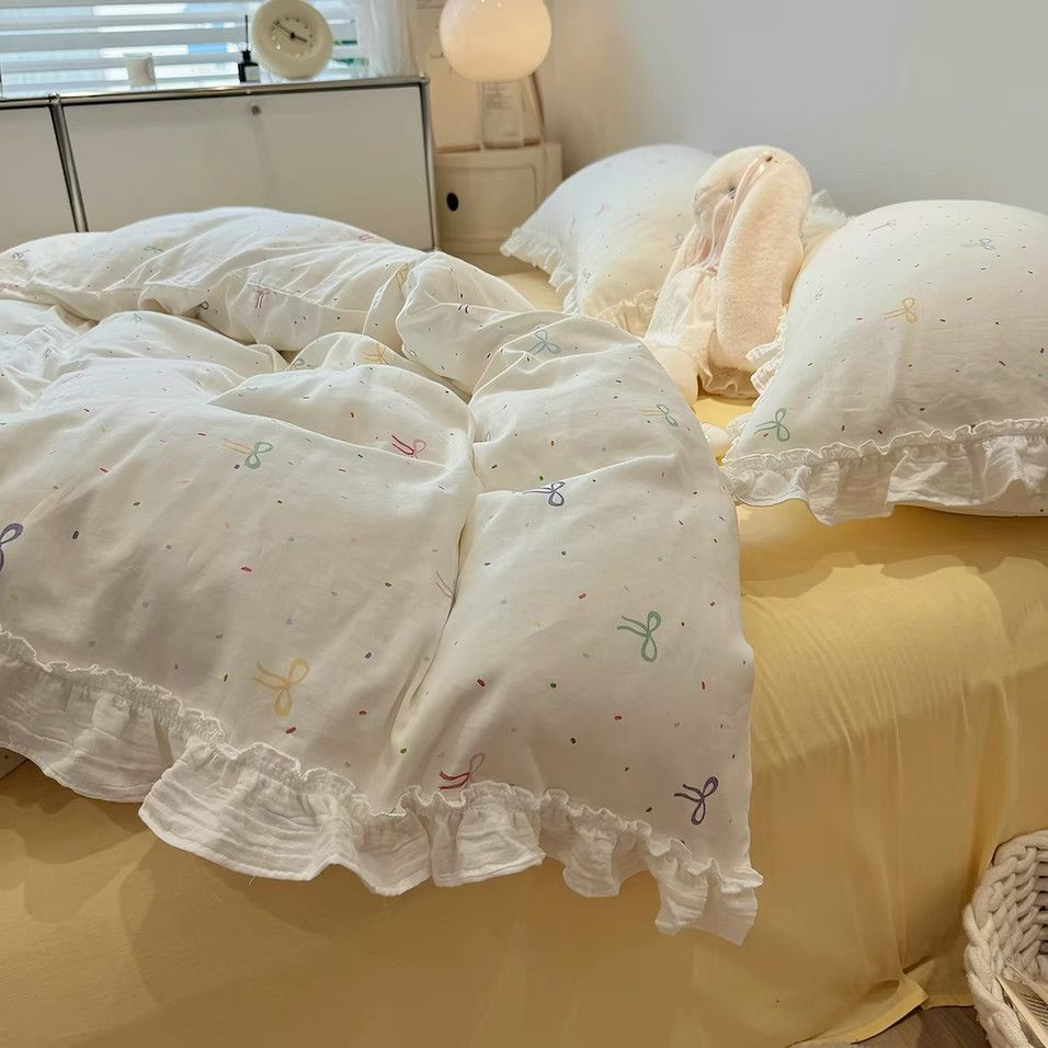 床品日用四件套双层莎床笠款1.5m 蝴蝶结/ Double-Layer Gauze 4-Piece Bedding Set – Fitted Sheet with Bow (Queen)Double-Layer Gauze 4-Piece Bedding Set – Fitted Sheet with Bow (Queen)