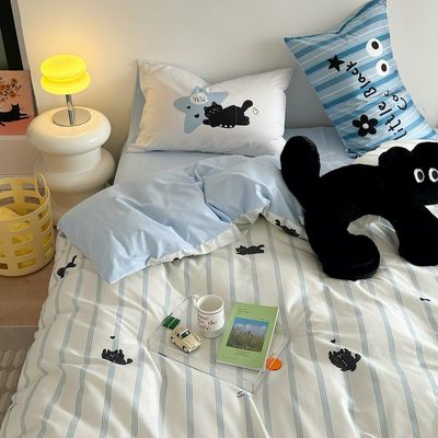 【在途现货】ins风小黑猫纯棉条纹四件套 床笠款1.5m/ Ins-Style Black Cat Cotton Striped 4-Piece Bedding Set – Fitted Sheet (Queen)
