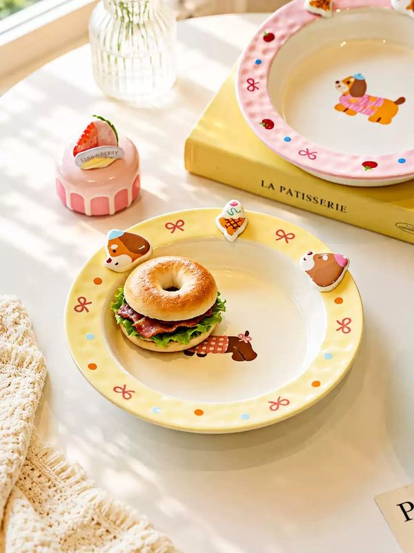 KAWASHIMA Cat and Dog Pasta Plate 8 Inch - Birthday Dachshund Yellow