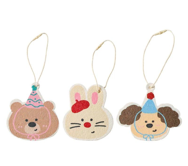 KAWASHIMA Cute Animal Wood Pulp Dish Sponges Set of 3 - Dog Bunny Bear Scouring Pads with Hanging Loops