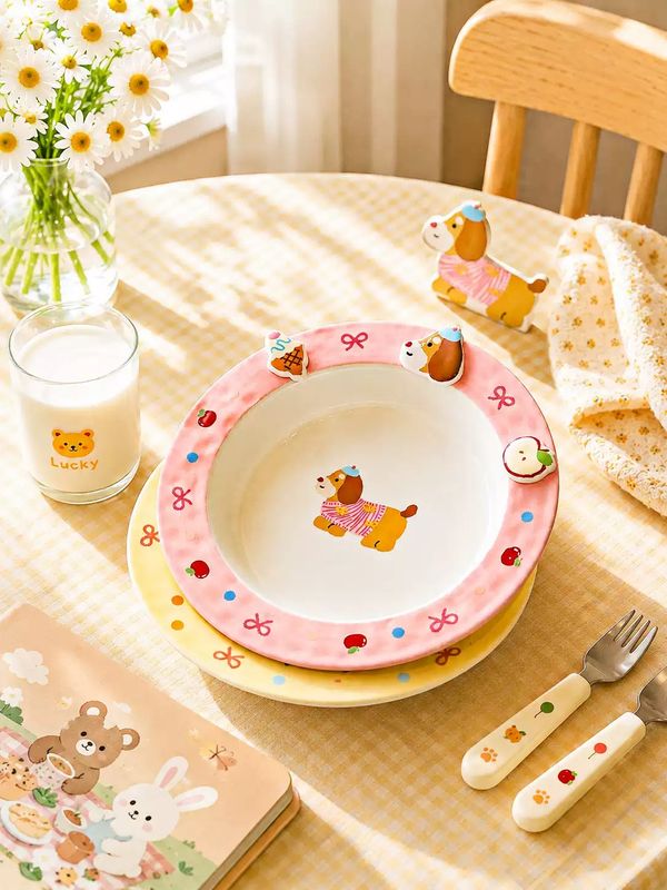 KAWASHIMA Cat and Dog Pasta Plate 8 Inch - Ice Cream Puppy Pink