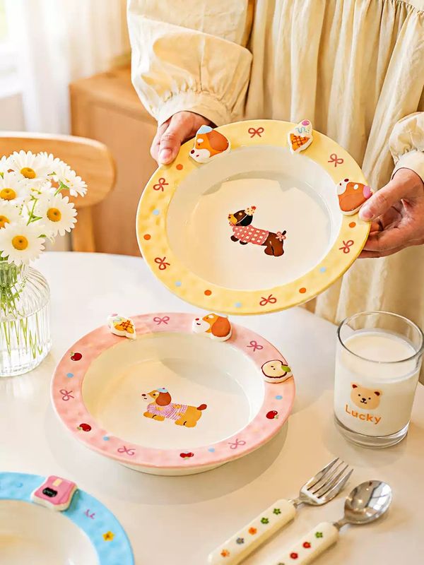 KAWASHIMA Cat and Dog Pasta Plate 8 Inch - Ice Cream Puppy Pink
