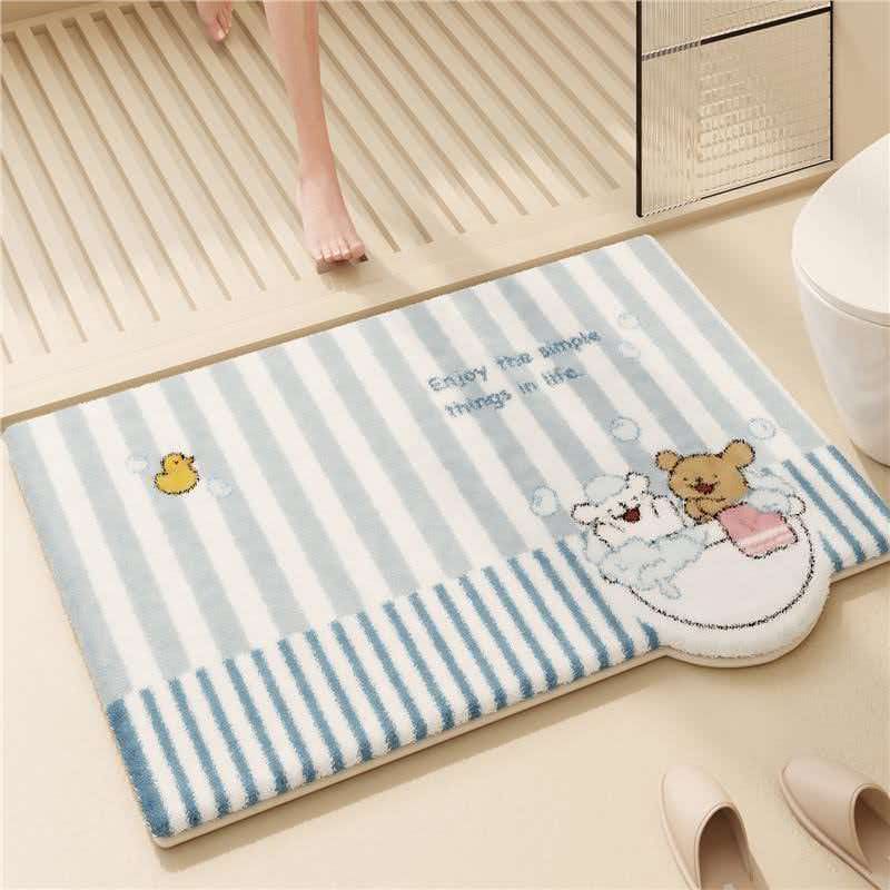 Thick Plush Bath Mat - Blue &amp; White Pet Design
