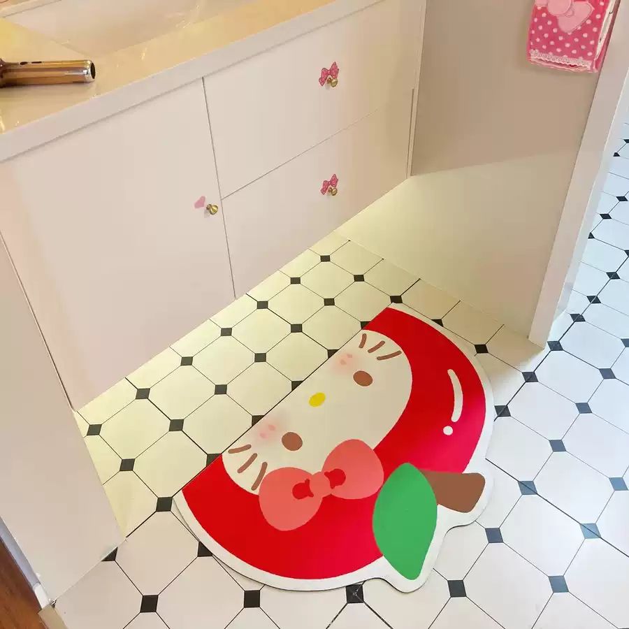 Cute Korean Fruit Cat Semi-Circle Bath Mat - Apple Cat, size: 50 x 80 cm
