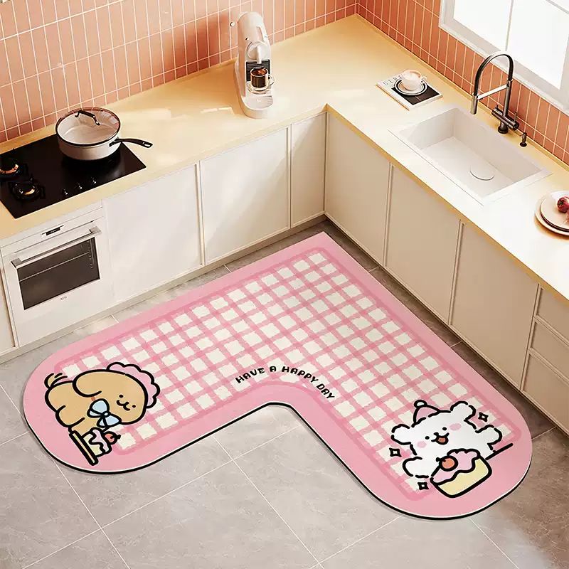 Cake Puppy L-Shaped Kitchen Mat - Pink Plaid