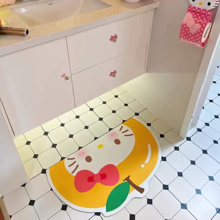 Cute Korean Fruit Cat Semi-Circle Bath Mat - Orange Cat, size: 50 x 80 cm