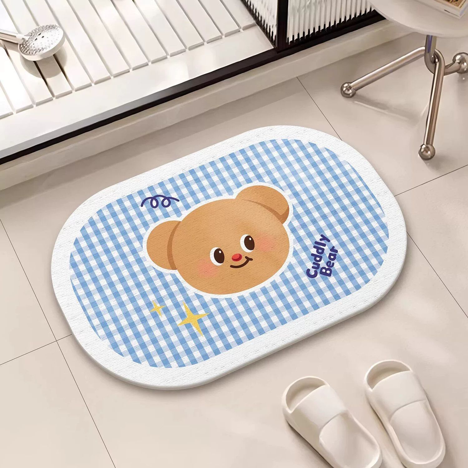 Butter Bear Plaid Oval Bath Mat - Blue Plaid
