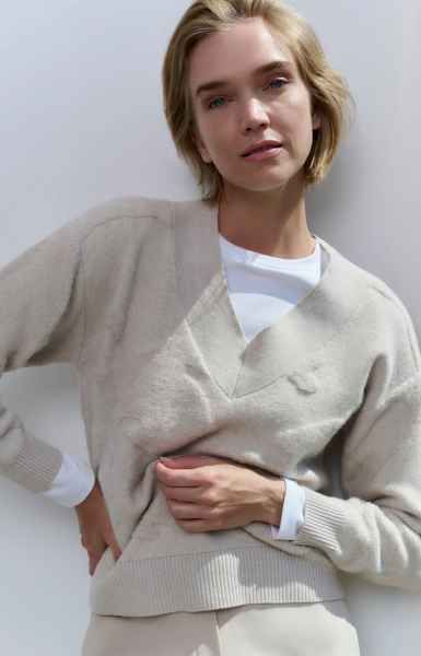 Yaya woman V-neck sweater with texture PUMICE STONE SAND