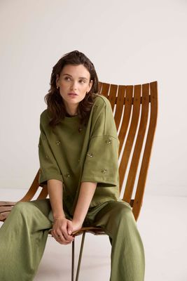 Summum 3/4 sleeve embellished sweatshirt groen