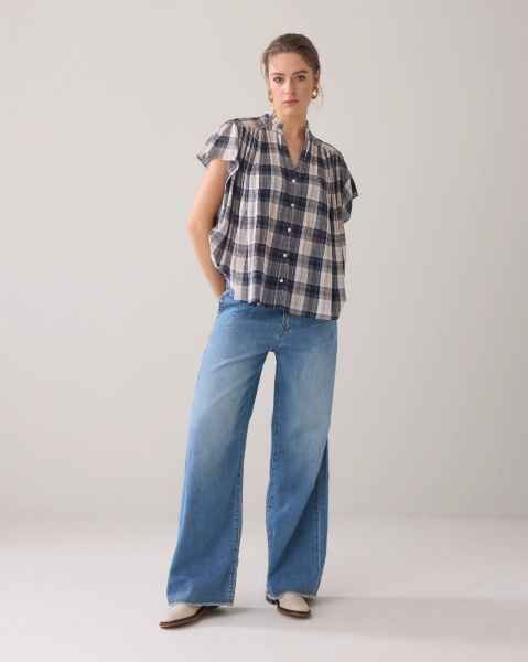 Summum Sleeveless blouse crinkle check blauw