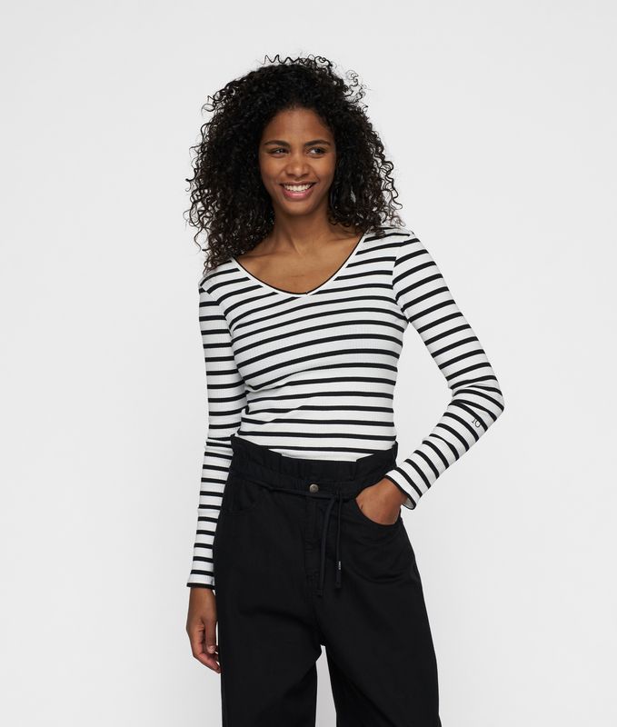 10DAYS V-neck long sleeve ballet top stripe ecru/black