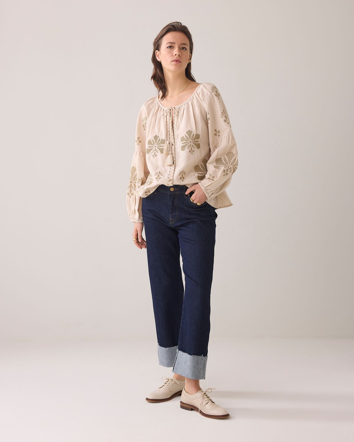 Summum Longsleeve top linen embroi sand
