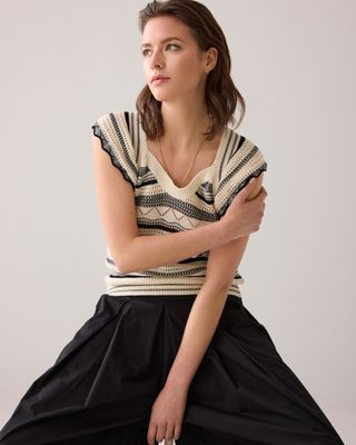 Summum Ruffle top cotton ajour knit ivory/black