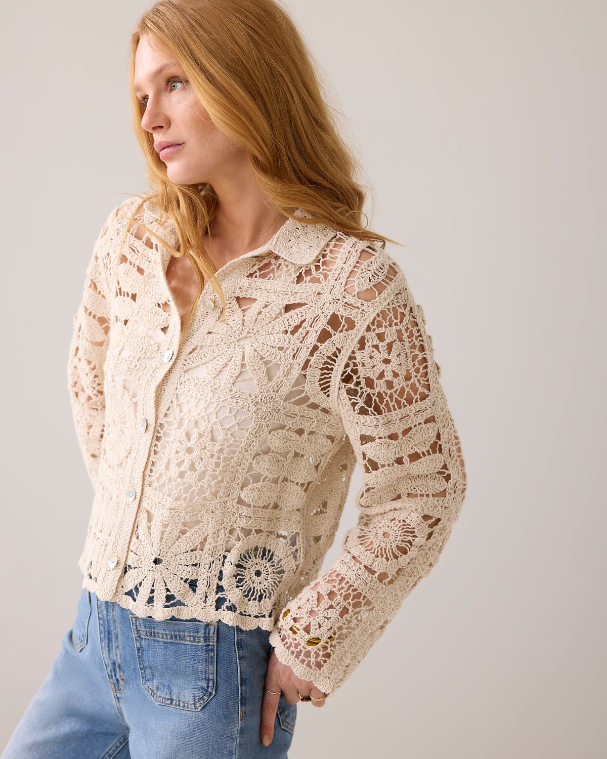 Summum Short cardigan flower crochet knit ecru