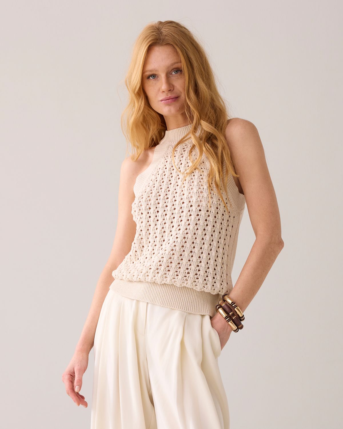Summum Halter top fancy cotton ajour knit ecru