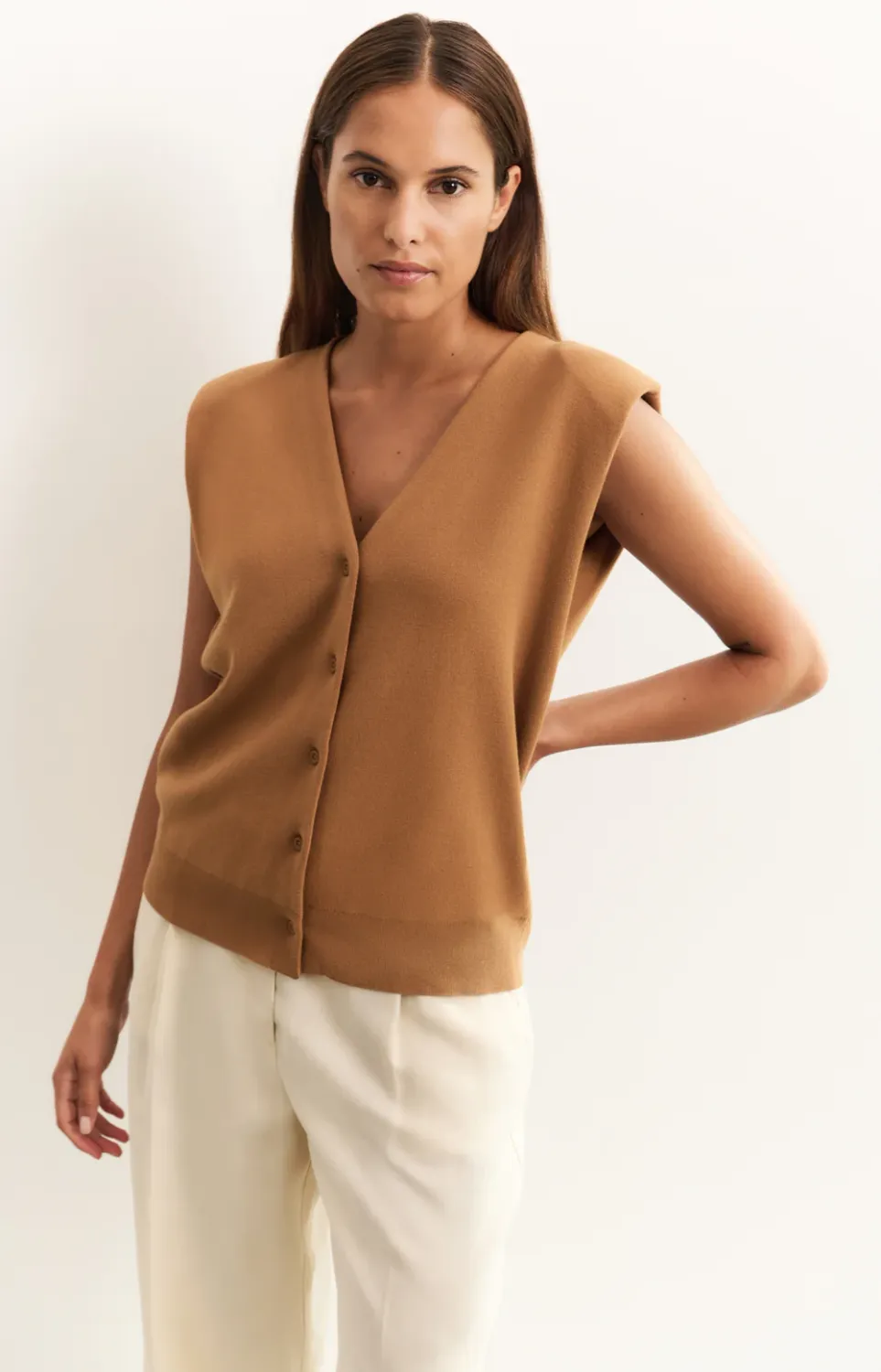 Yaya woman Knitted spencer with shoulder CHIPMUNK BROWN