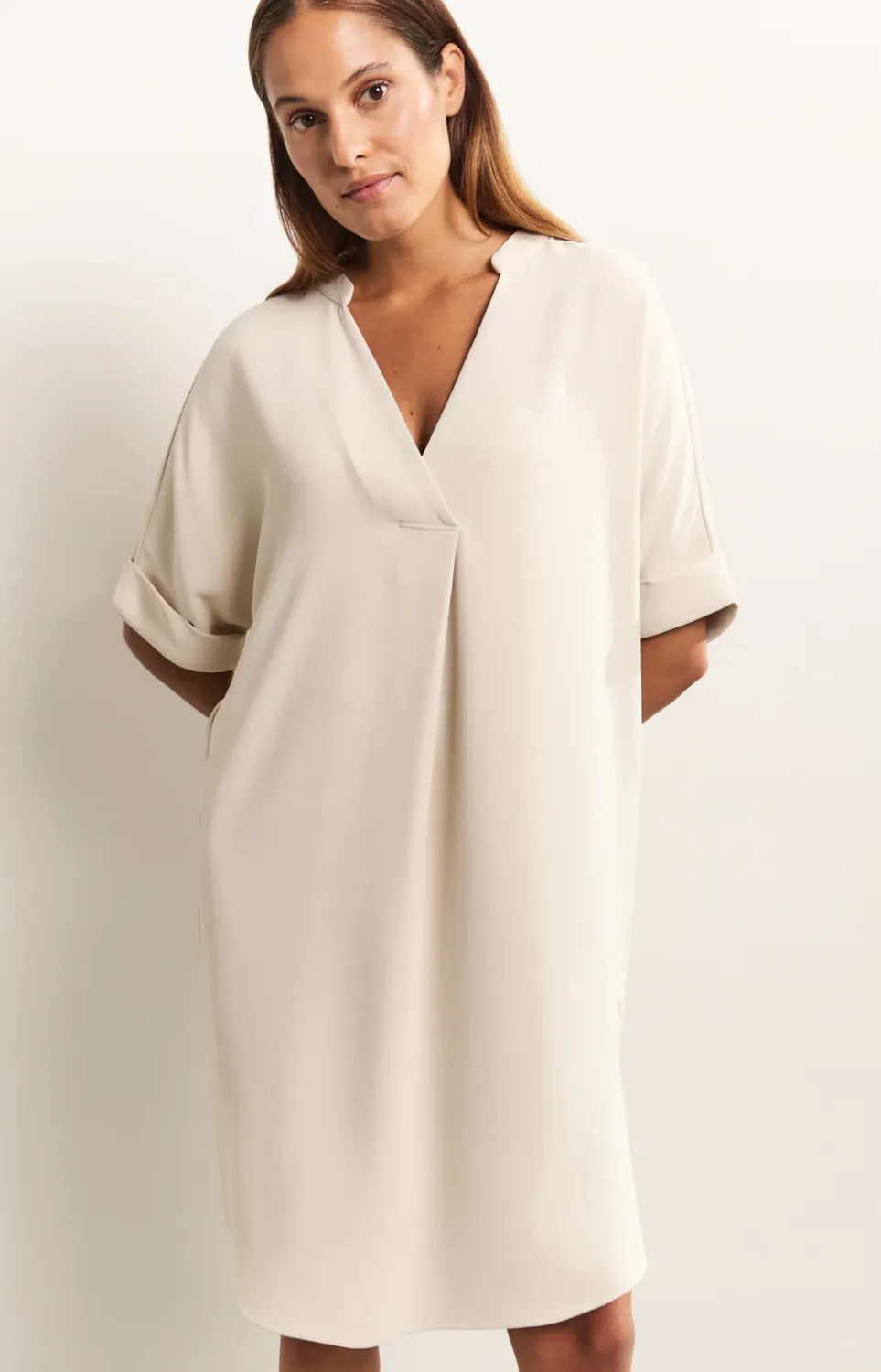 Yaya woman Folded short sleeve dress RAINY DAY BEIGE