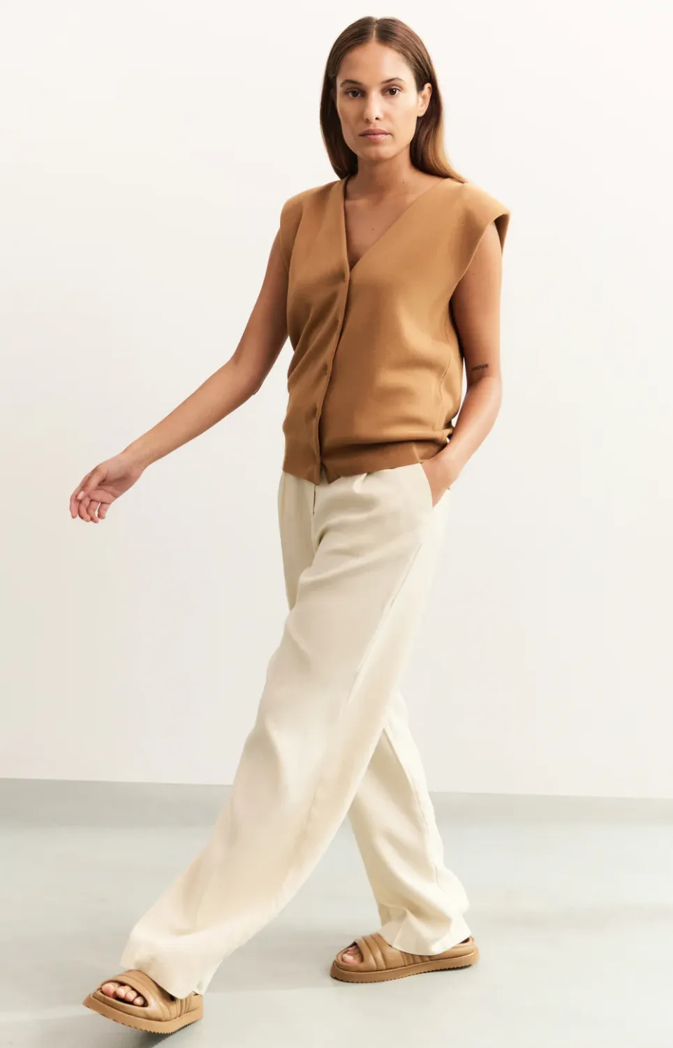 Yaya woman Linen mix wide leg trouse-L32 SUMMER SAND