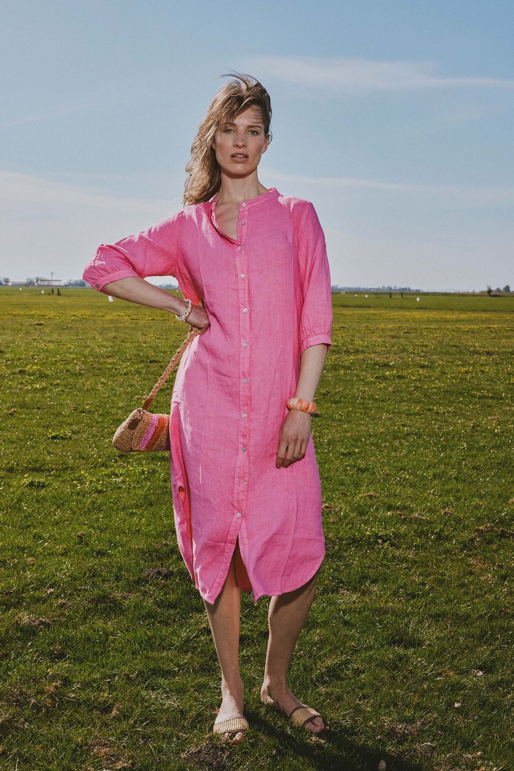 ZUSSS Lange linnen doorknoop jurk roze