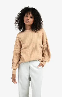 YaYa Ribbed sweater with round neck LIGHT CAMEL