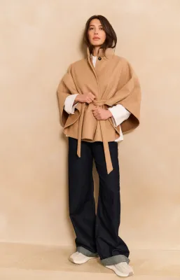 YaYa Soft woven poncho with collar LIGHT CAMEL MELANGE