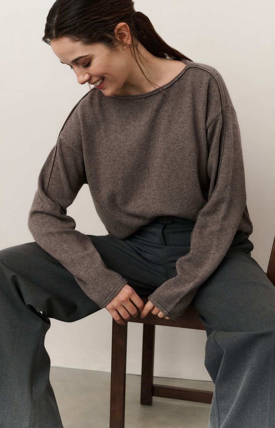 YaYa Boatneck sweater with fringes BROWN MELANGE