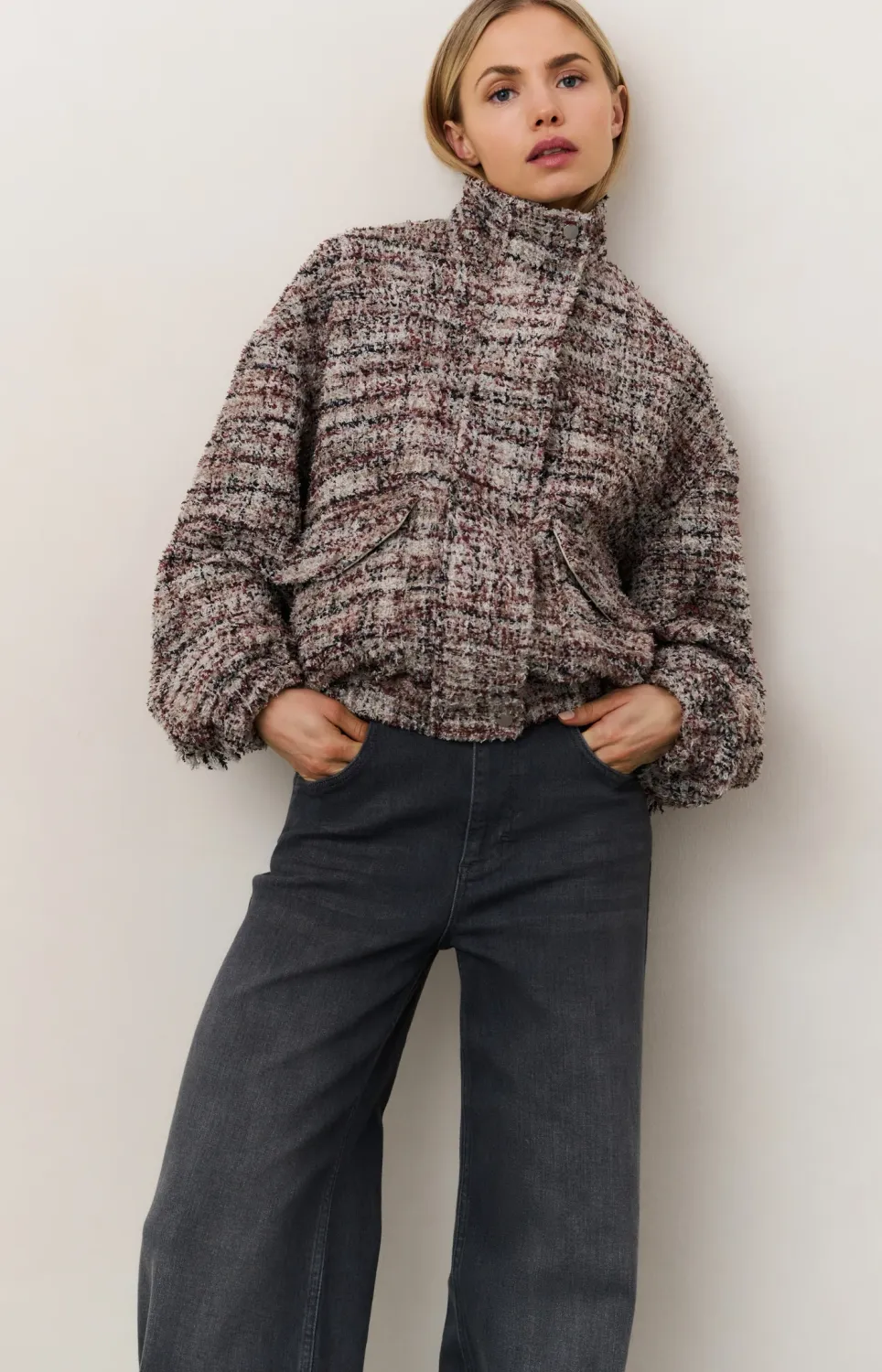 YaYa Boucle jacket with fringes BLUSH PINK DESSIN