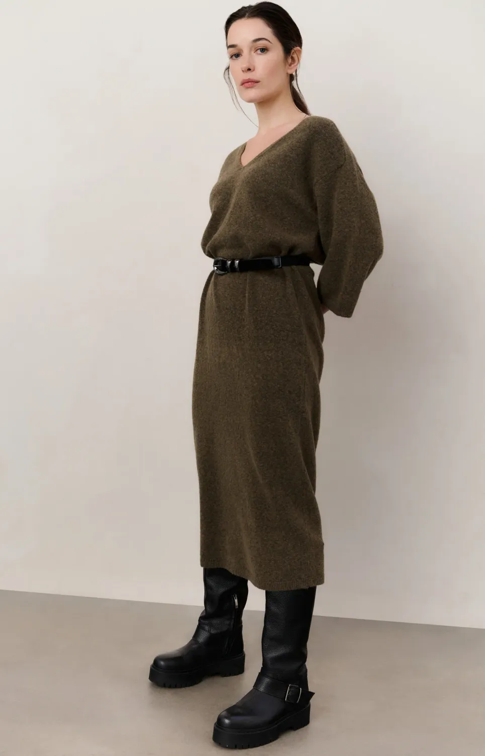 YaYa V-neck knitted dress short sle CAPERS MELANGE