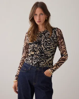 Summum Woman Top Ornament print on mesh Black