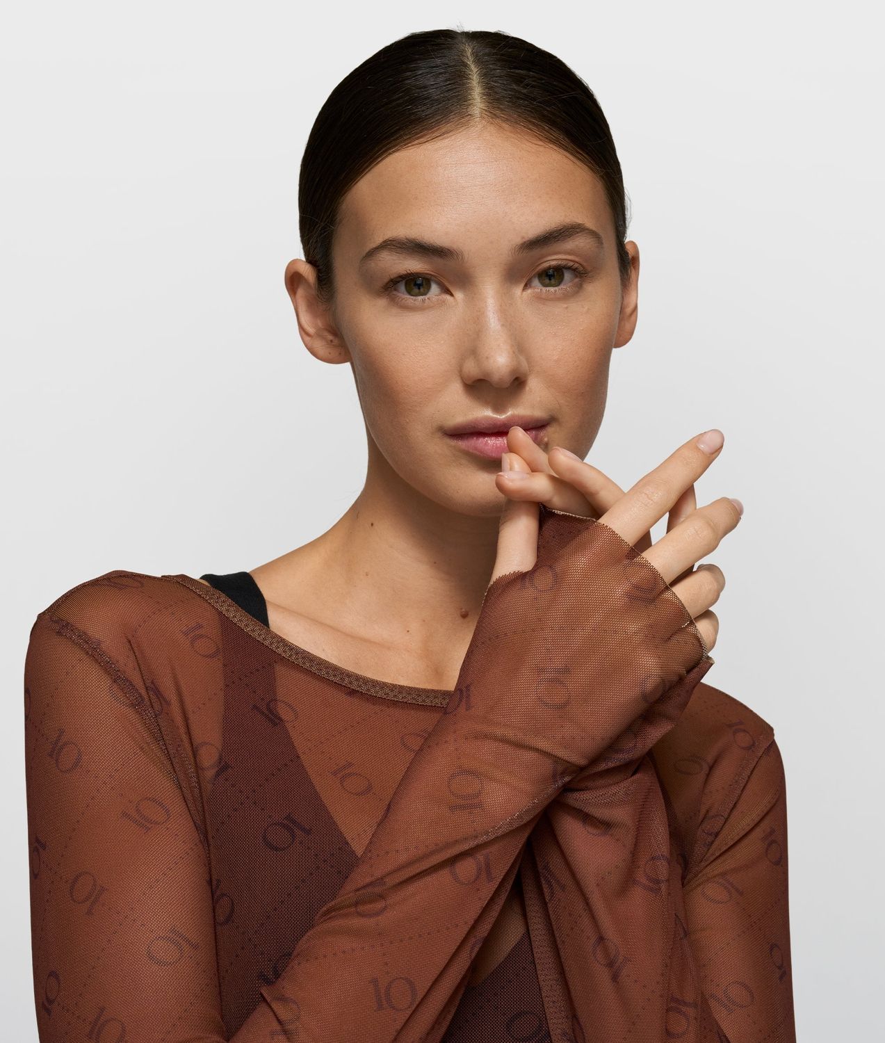 10 Days mesh long sleeve monogram dark truffle