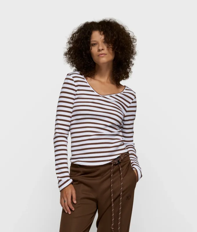 10 Days v-neck ballet top stripes white/dark truffle