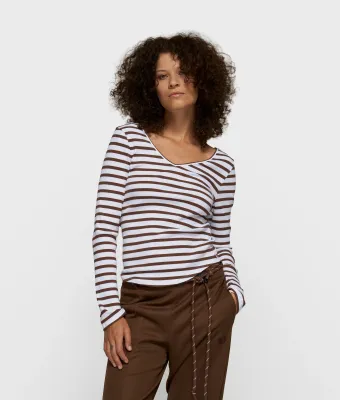 10 Days v-neck ballet top stripes white/dark truffle