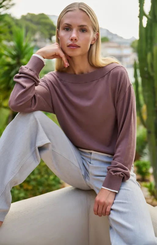 YaYa Fijngebreide trui met boothals DEEP TAUPE BROWN DESSIN