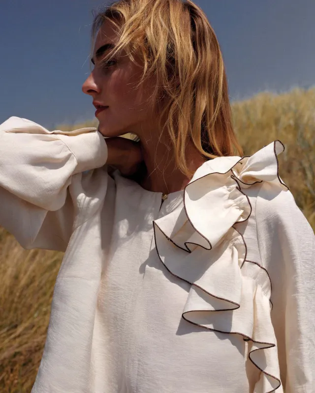 Summum Woman Top long sleeves Modal linen blend Ivory black