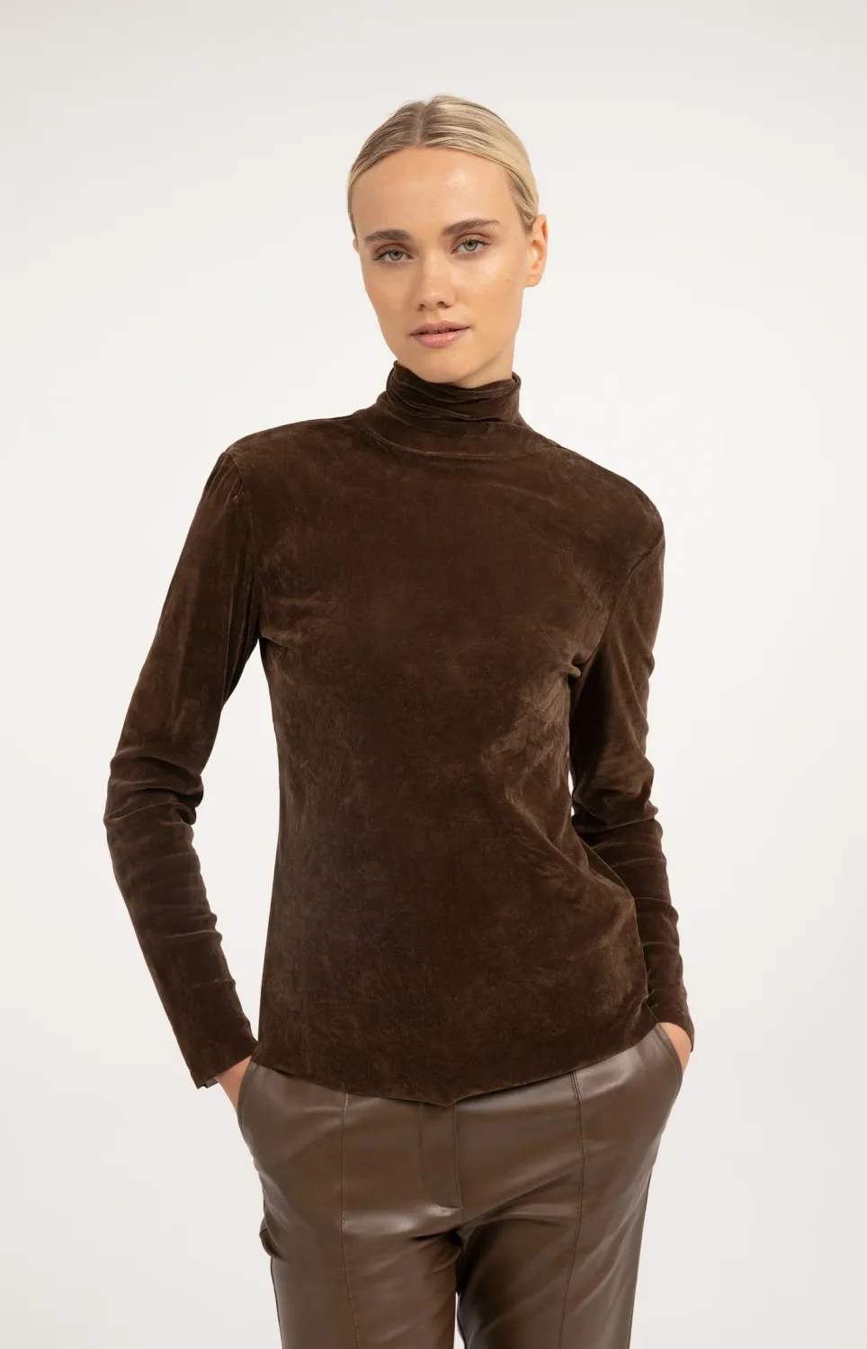 YaYa Velvet mesh top met hoge hals COCOA BROWN