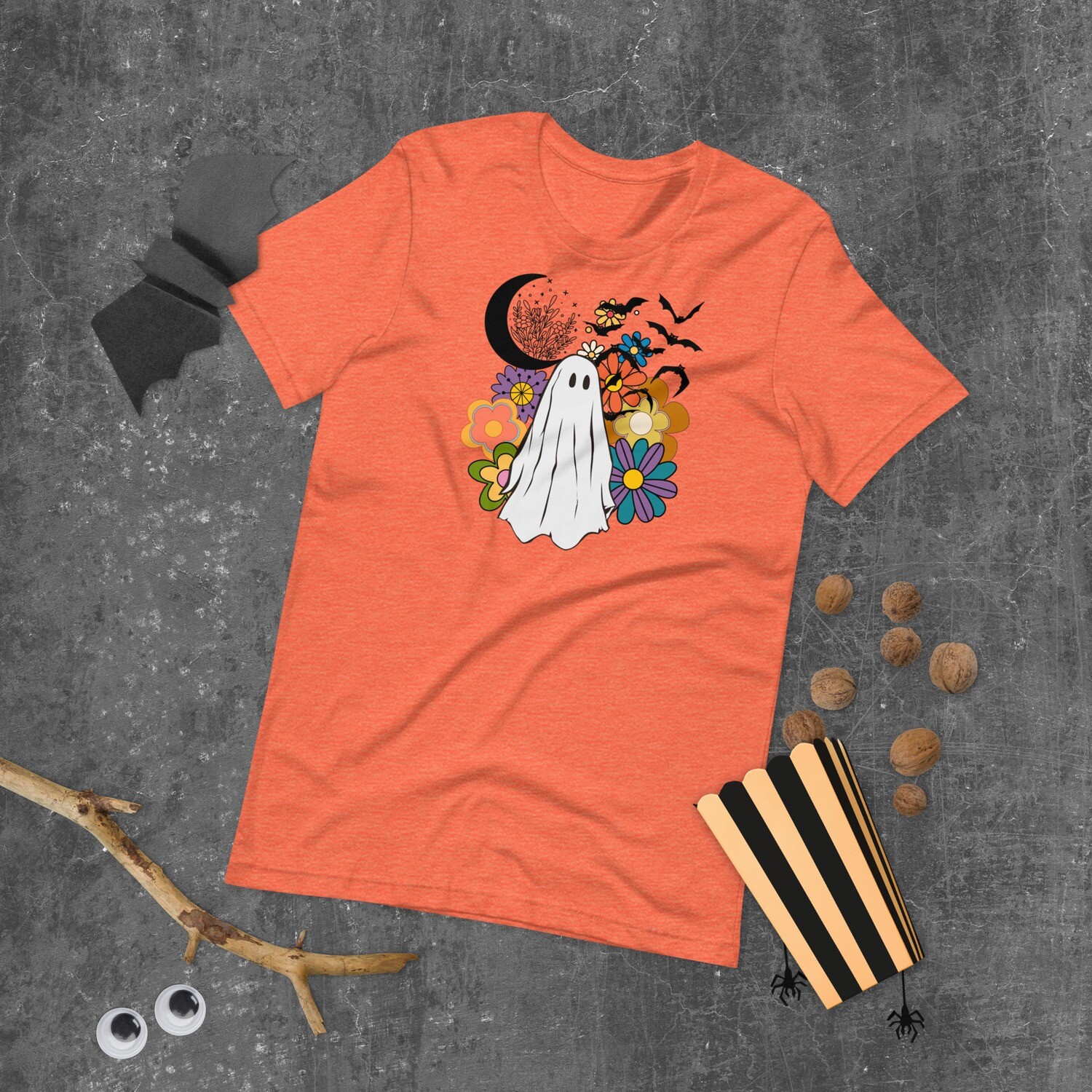 Retro Halloween Unisex t-shirt, Retro Flower shirt, Bat, Ghost shirt, Flower Moon shirt