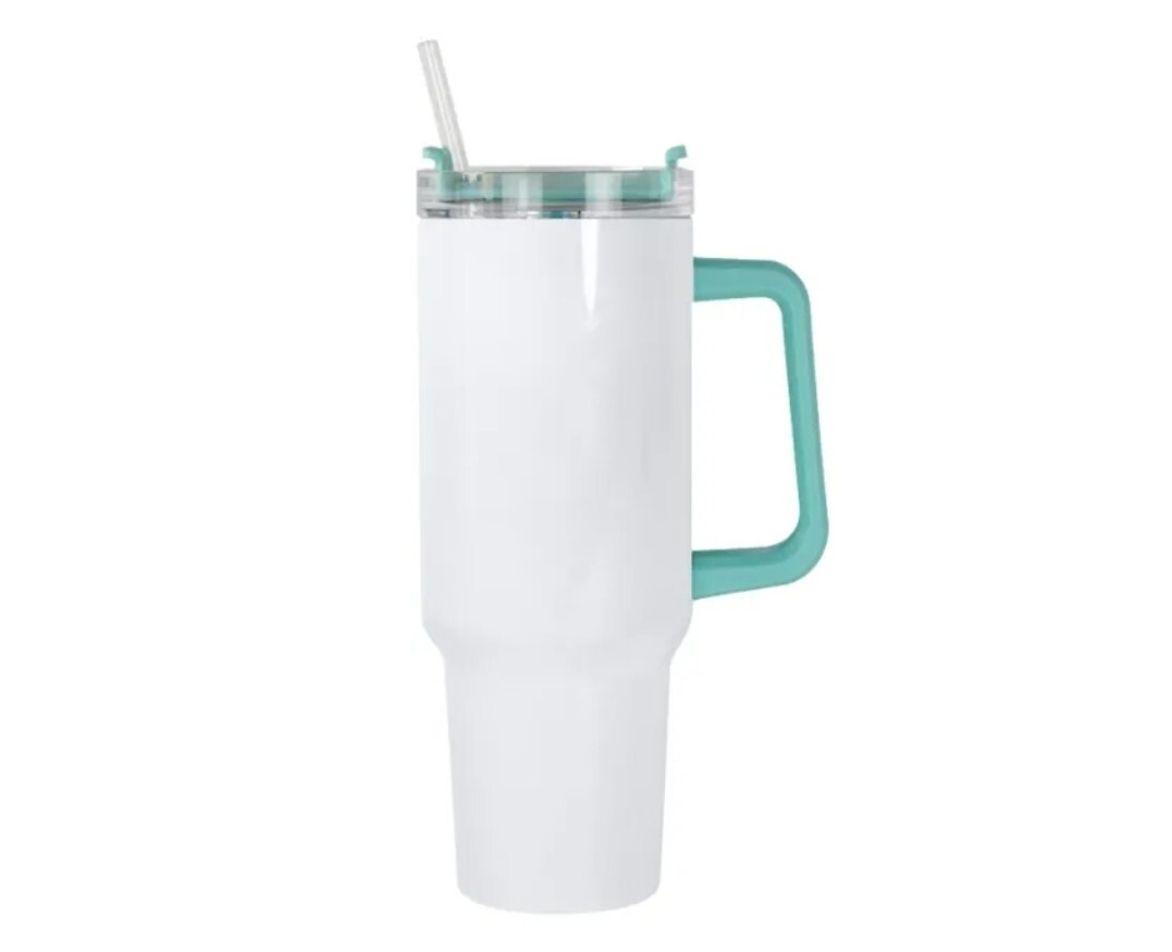 40oz Sublimation White Tumbler with Teal Handle