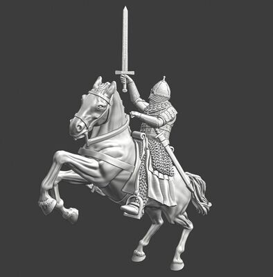 Medieval mounted Russian Noble man with sword up