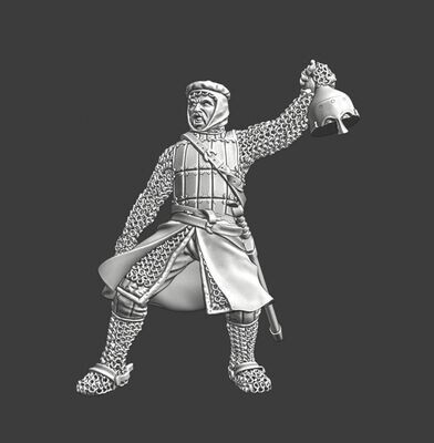 Medieval knight celebrating holding pagan helmet