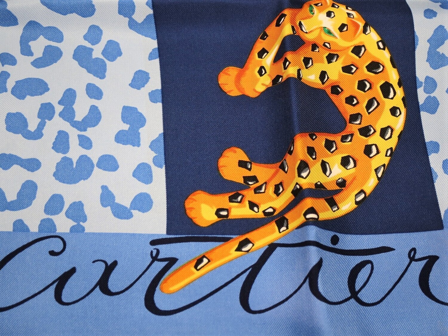 Vintage Cartier Scarf Mid-Size French Silk Twill the Pantheres sur Damier motif in Blue, Navy and Gold