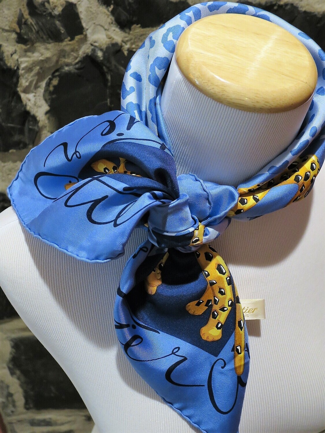 Vintage Cartier Scarf Mid-Size French Silk Twill the Pantheres sur Damier motif in Blue, Navy and Gold