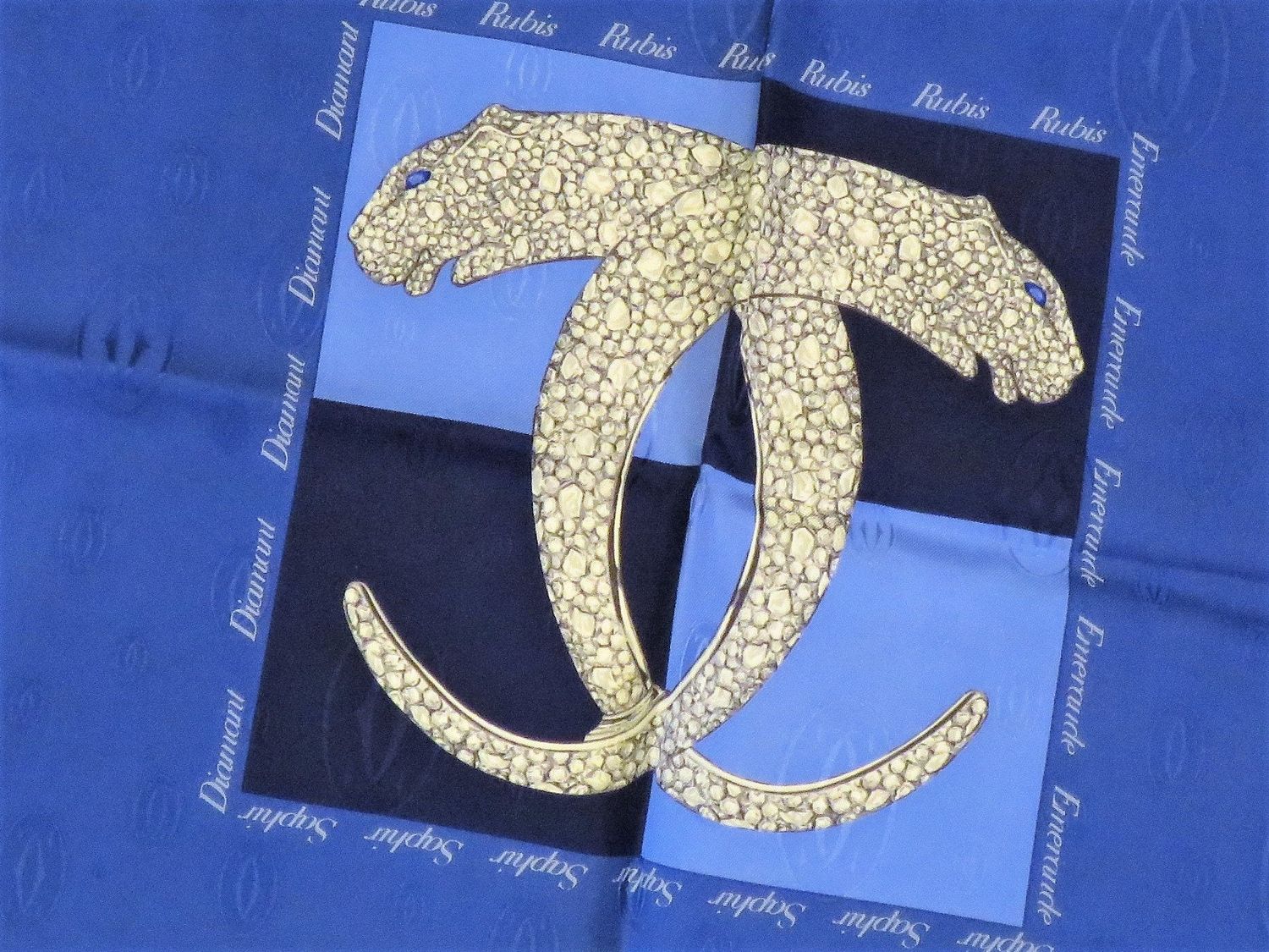 Vintage Cartier Scarf Large Square Silk Twill with Blue motif comes with Original Box