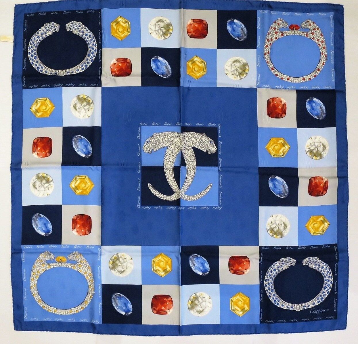 Vintage Cartier Scarf Large Square Silk Twill with Blue motif comes with Original Box