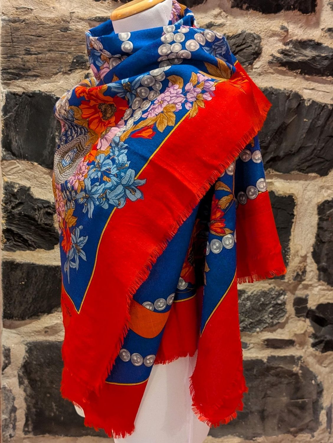 Vintage Cartier Silk + Wool Shawl royal blue and red Made in Italy with Original Box
