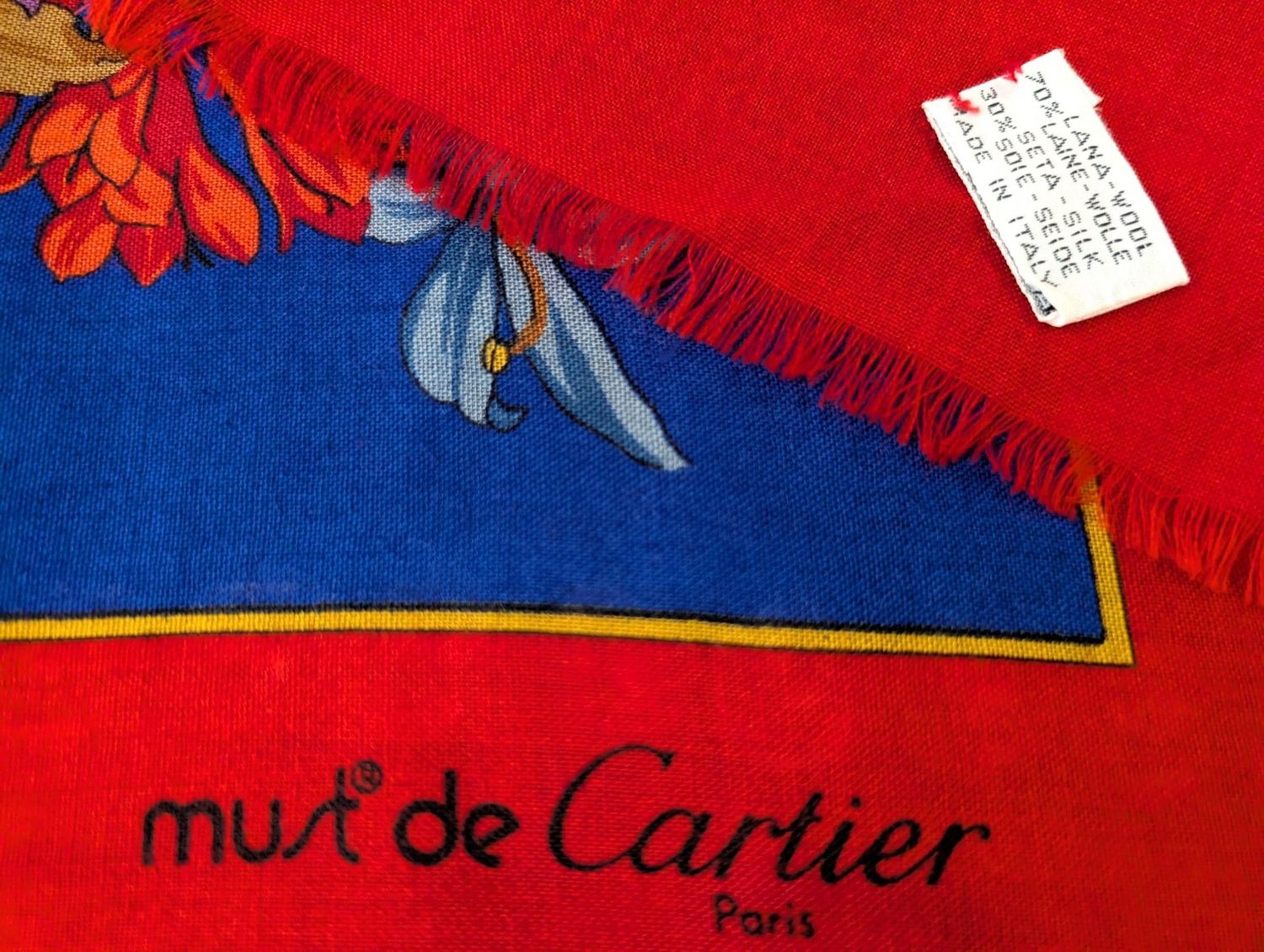 Vintage Cartier Silk + Wool Shawl royal blue and red Made in Italy with Original Box