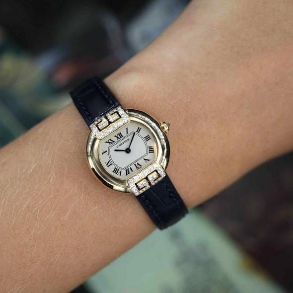 Cartier Ellipse Watch in Yellow Gold with Diamonds, Quartz Movement and black alligator strap, vintage watch for women