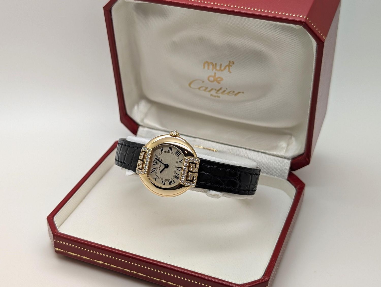 Cartier Ellipse Watch in Yellow Gold with Diamonds, Quartz Movement and black alligator strap, vintage watch for women