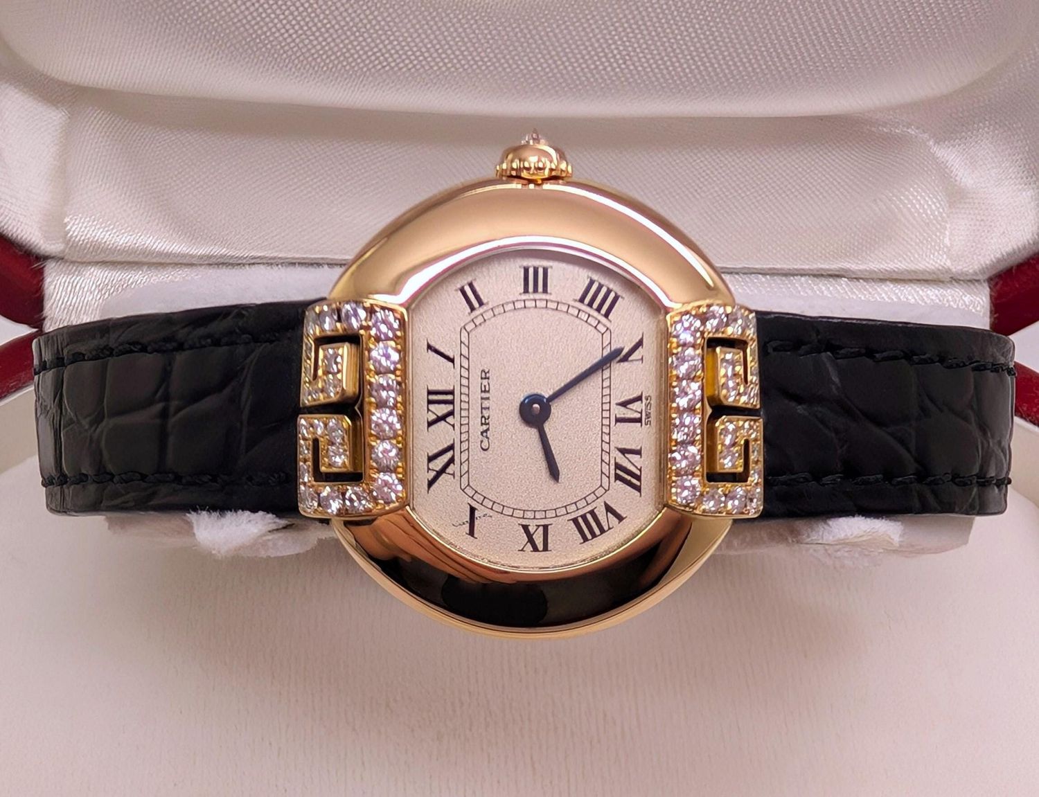 Cartier Ellipse Watch in Yellow Gold with Diamonds, Quartz Movement and black alligator strap, vintage watch for women