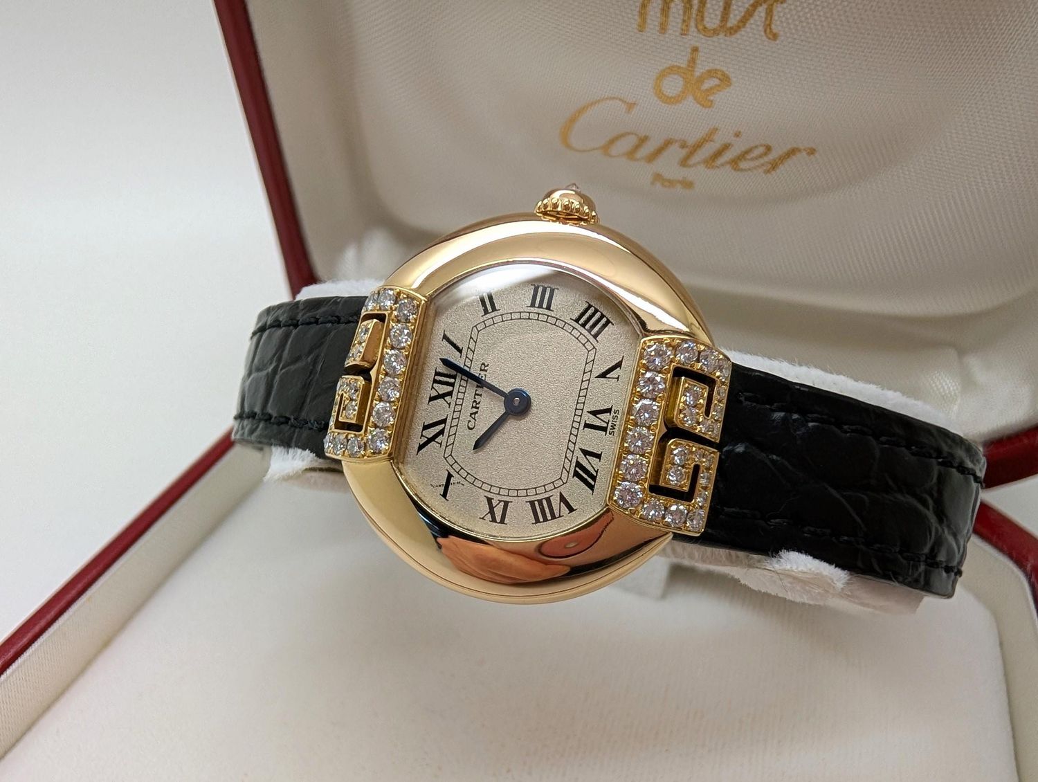 Cartier Ellipse Watch in Yellow Gold with Diamonds, Quartz Movement and black alligator strap, vintage watch for women